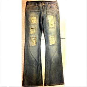 Cache Distressed Rhinestone Patches Bootcut Jeans